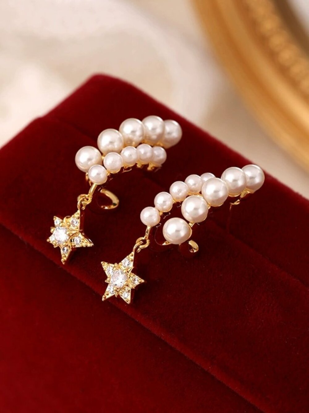 Gold-Tone Pearl & Crystal Star Drop Ear Cuffs